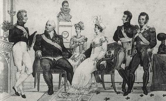 v.l.n.r.: Comte d´Artois, Louis XVIII., Duchesse de Berry, Duchesse d´Angoulême, Duc d´Angoulême, Duc de Berry (1816)