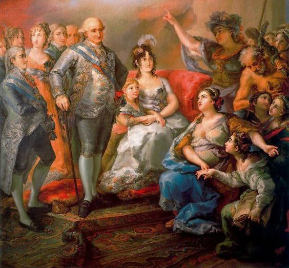 Maria Antonietta (links im orange-farbenem Kleid) mit der spanischen K&ouml;nigsfamilie, kurz nach ihrer Hochzeit mit Prinz Ferdinand von Asturien (1802, Vicente L&oacute;pez)